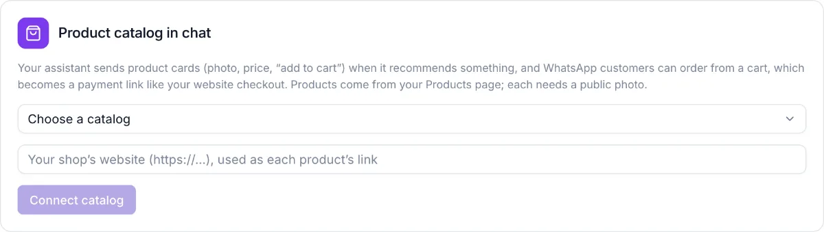 Product catalog in chat card with the catalog picker and the sync button