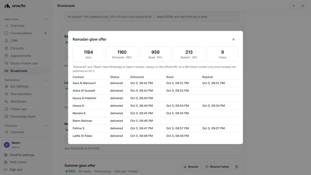 OrcaFlo dashboard: Broadcasts