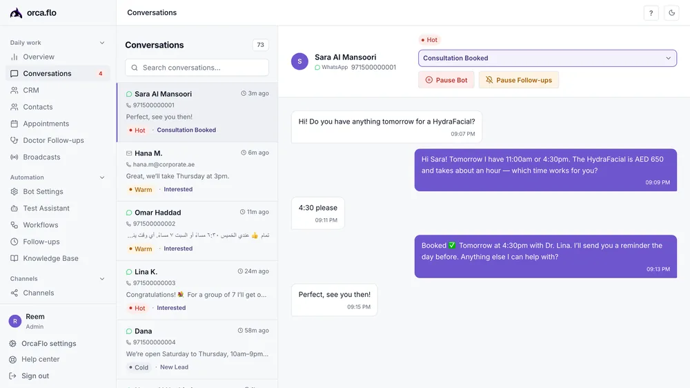 OrcaFlo dashboard: Unified inbox